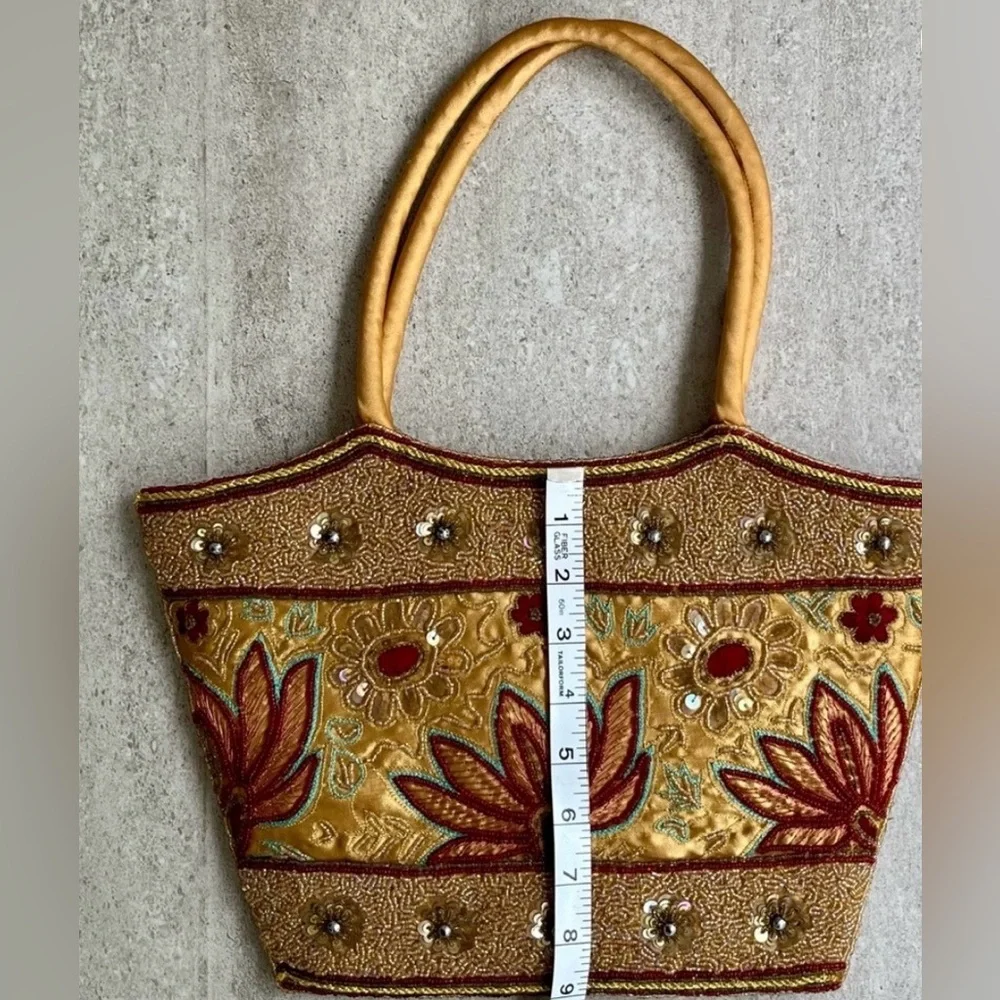 Hand Beaded Silk Indian Tote Bag  | Gold Floral Embroidery - Picture 6 of 8